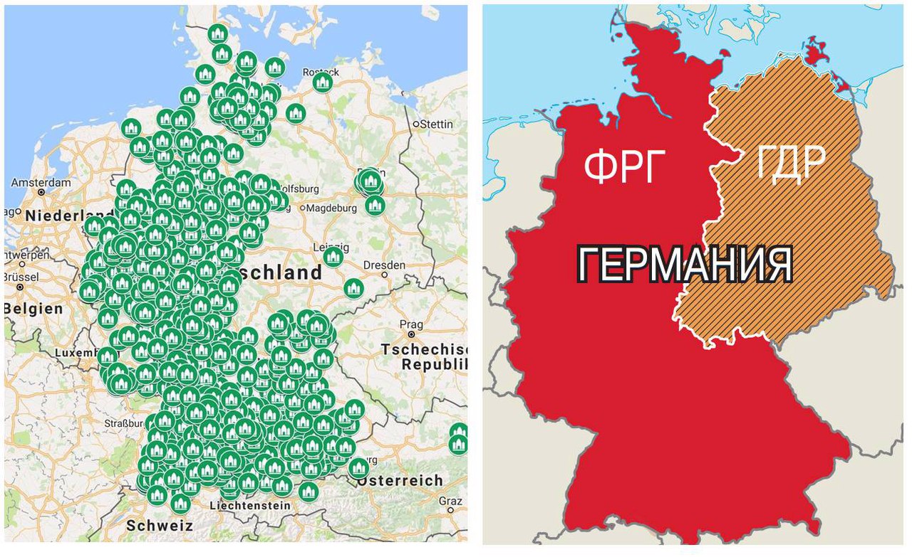 Германия россия различия. Карта мечетей на территории ФРГ. Карта мечетей в Германии. ГДР на карте Германии. Германия Восточная и Западная Германия на карте.
